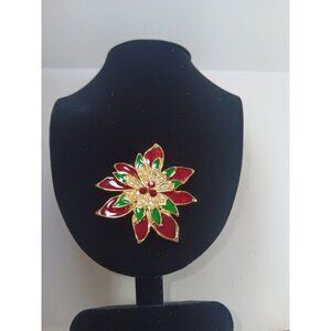 BC Lind Vintage 14Kt Gold-Plated Enamel Crystal Christmas Poinsettia Pin